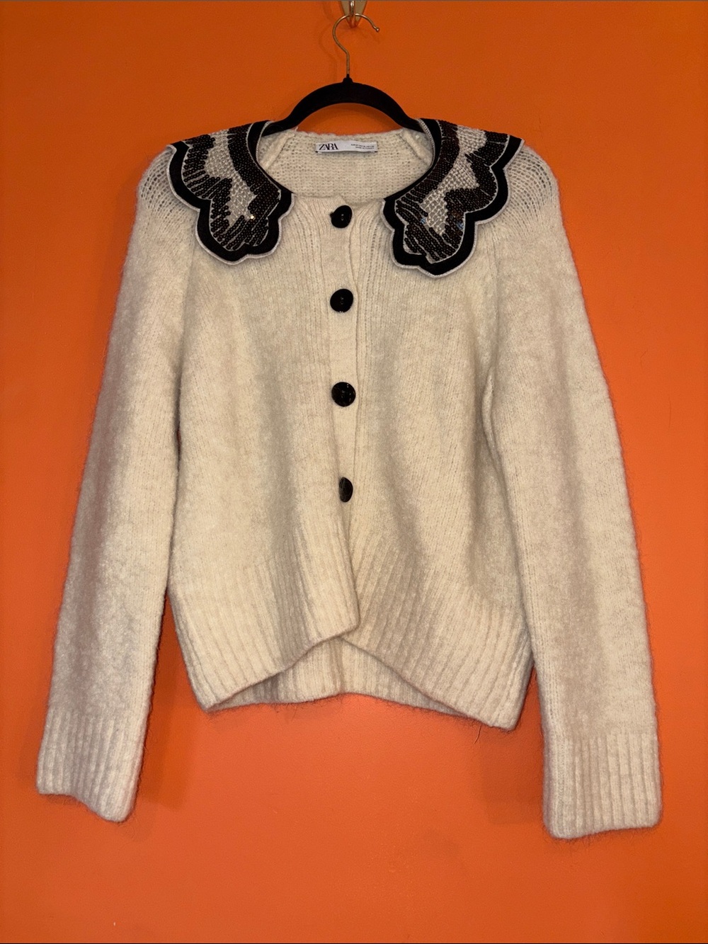 Zara Cream Knit Cardigan with Black Decorative Collar